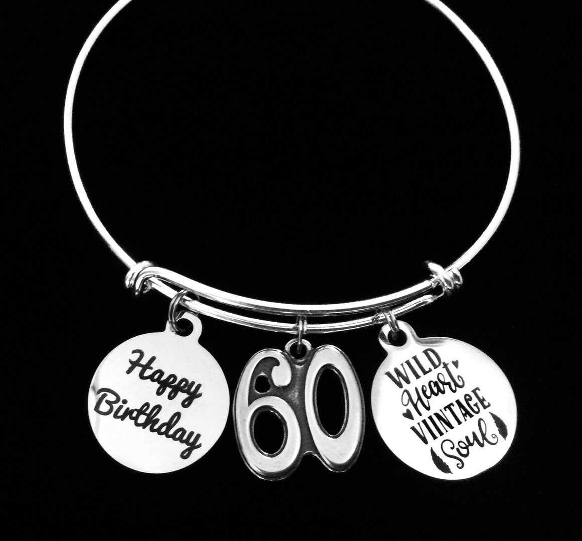 Happy 60th Birthday Gift for Women Expandable Charm Bracelet Silver Adjustable One Size Fits All Wire Bangle