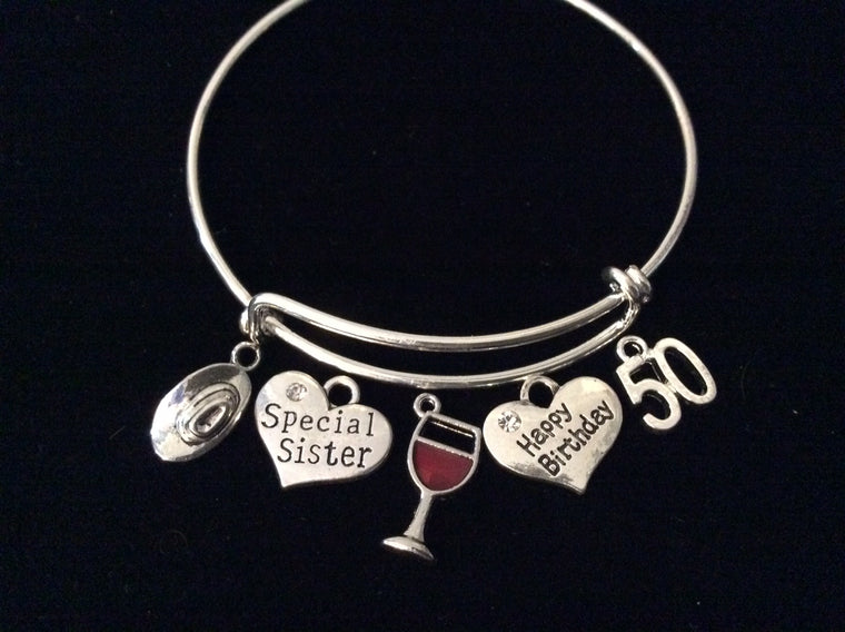 Happy 50th Birthday Sister Expandable Charm Bracelet Silver Stackable Bangle One Size Fits All Gift