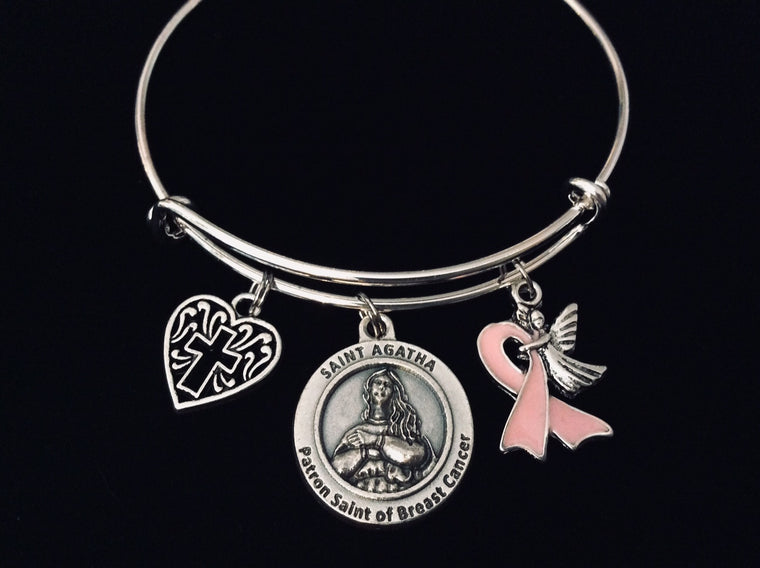 Patron Saint Agatha Breast Cancer Survivor Jewelry Charm Bracelet Adjustable Expandable Silver Bangle One Size Fits All Gift St Agatha Breast Cancer Awareness Guardian Angel Cross
