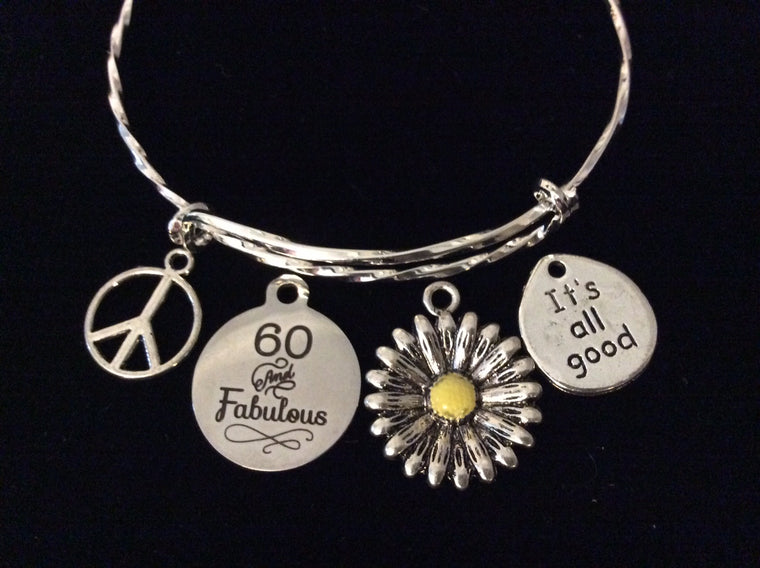 Custom 60 and Fabulous Happy Birthday Expandable Charm Bracelet Silver Adjustable Bangle Gift 60th Birthday Gift One Size Fits All