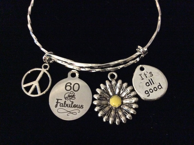 Happy 60th Birthday Jewelry Adjustable Charm Bracelet Expandable Silver Bangle One Size Fits All Gift 60 and Fabulous Peace Sign Daisy Sunflower Charm 