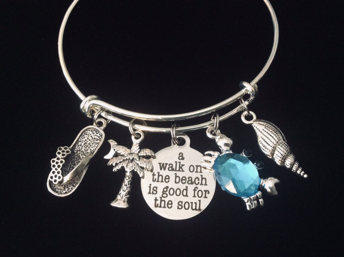 A Walk on the Beach Jewelry Silver Adjustable Charm Bracelet One Size Fits All Gift Expandable Bracelet Bangle Crab Palm Tree Flip Flops Sea Shell Jewelry