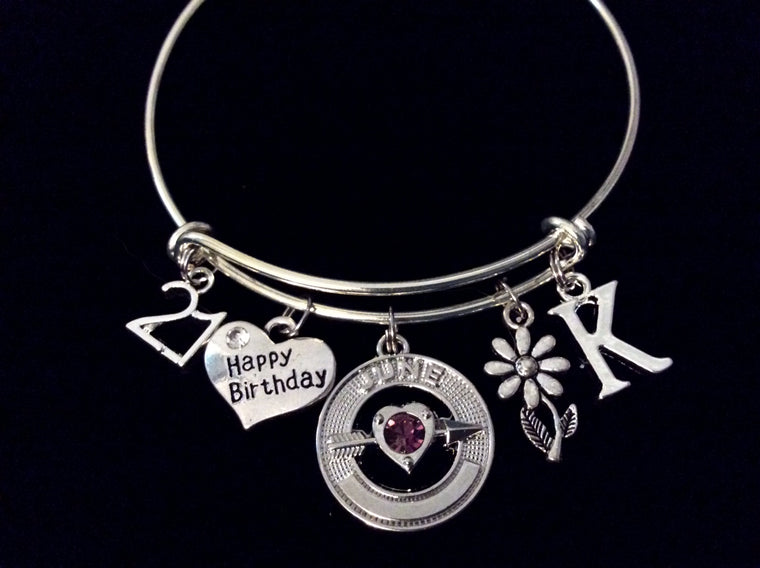 Happy Birthday 21 Personalized Jewelry June Birthstone Expandable Charm Bracelet Silver Adjustable Bangle One Size Fits All Gift Initial Charm Included 21st Happy Birthday Charm Bracelet