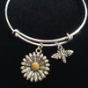 Two Toned Daisy and Bee Charm Adjustable Expandable Bangle