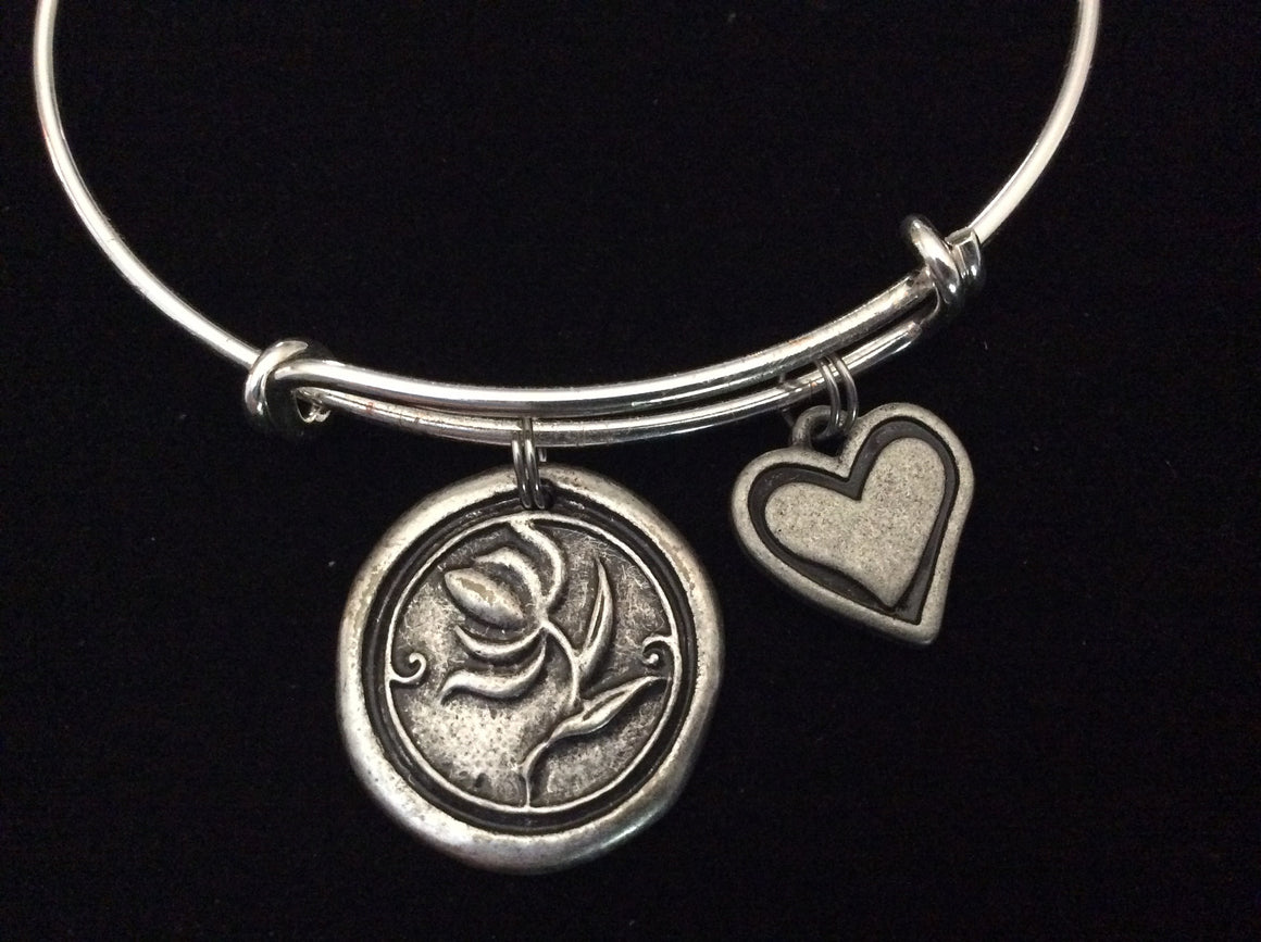 Wax Stamped Silver Flower and Heart Expandable Bracelet 