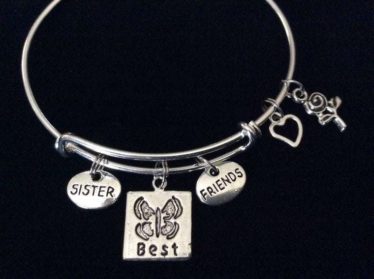 Sister Best Friend Butterfly and Rose Expandable Silver Charm Bracelet Adjustable Bangle Trendy Gift