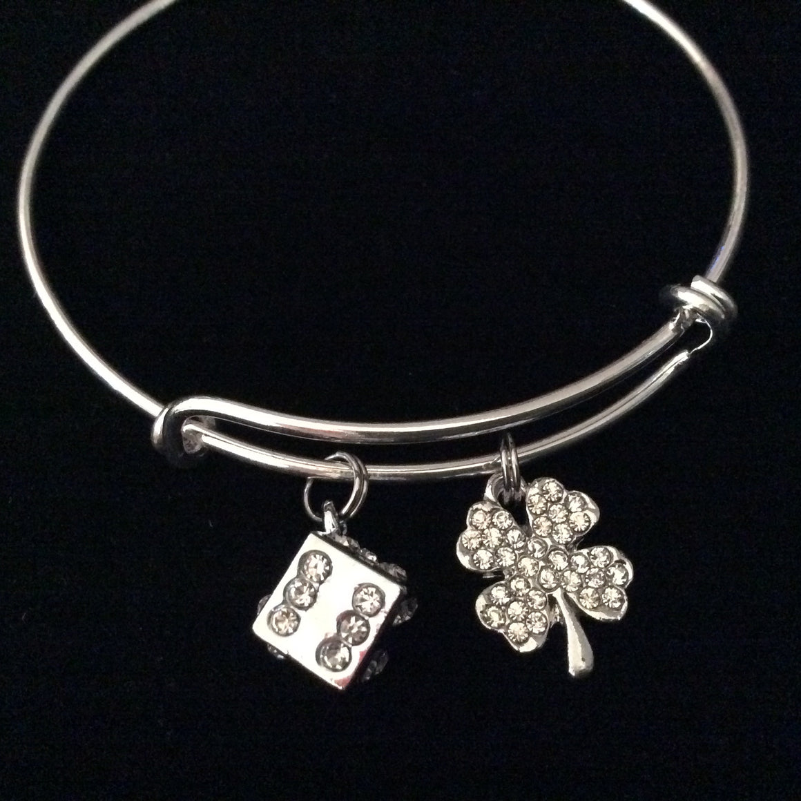 Lady Luck Rhinestone Crystal Dice and Four Leaf Clover Charm on Silver Expandable Adjustable Wire Bangle Bracelet Stacking Handmade Trendy Casino Gift