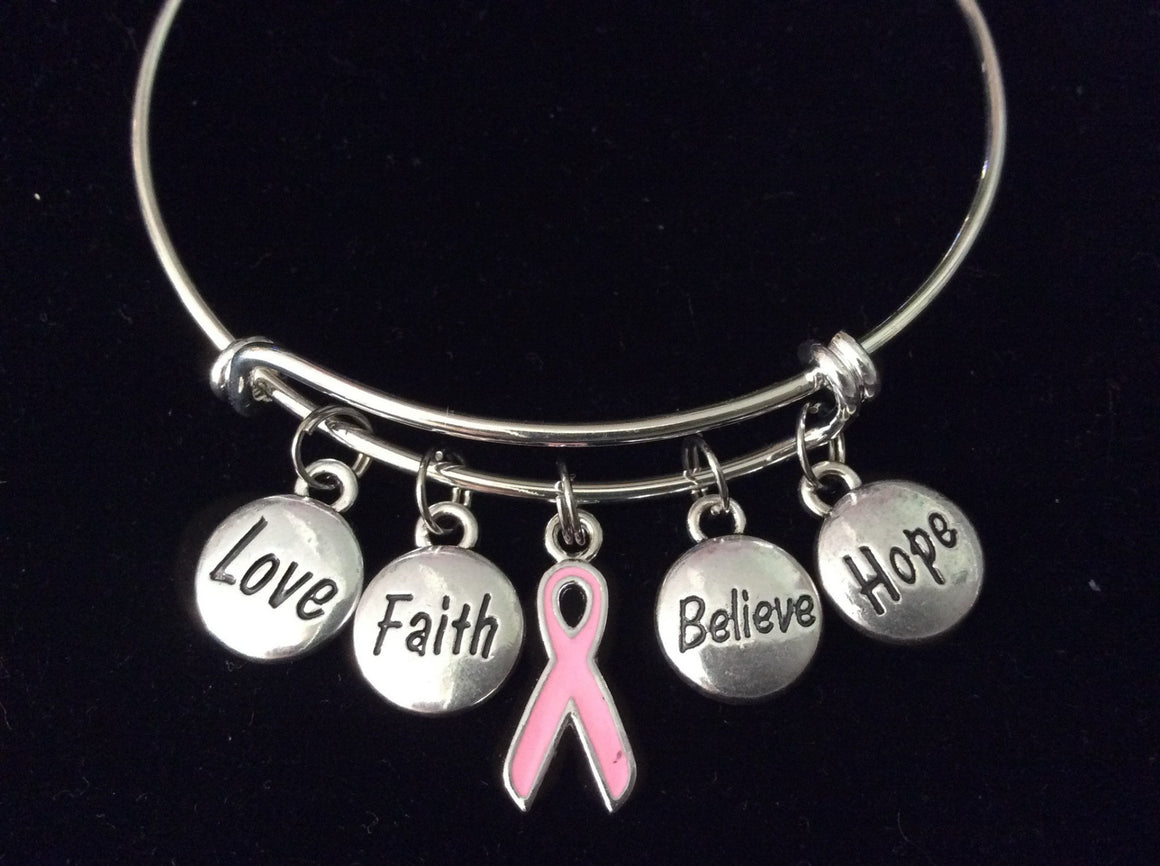 Pink Awareness Ribbon Love Faith Believe Hope Expandable Silver Charm Bracelet Adjustable Bangle