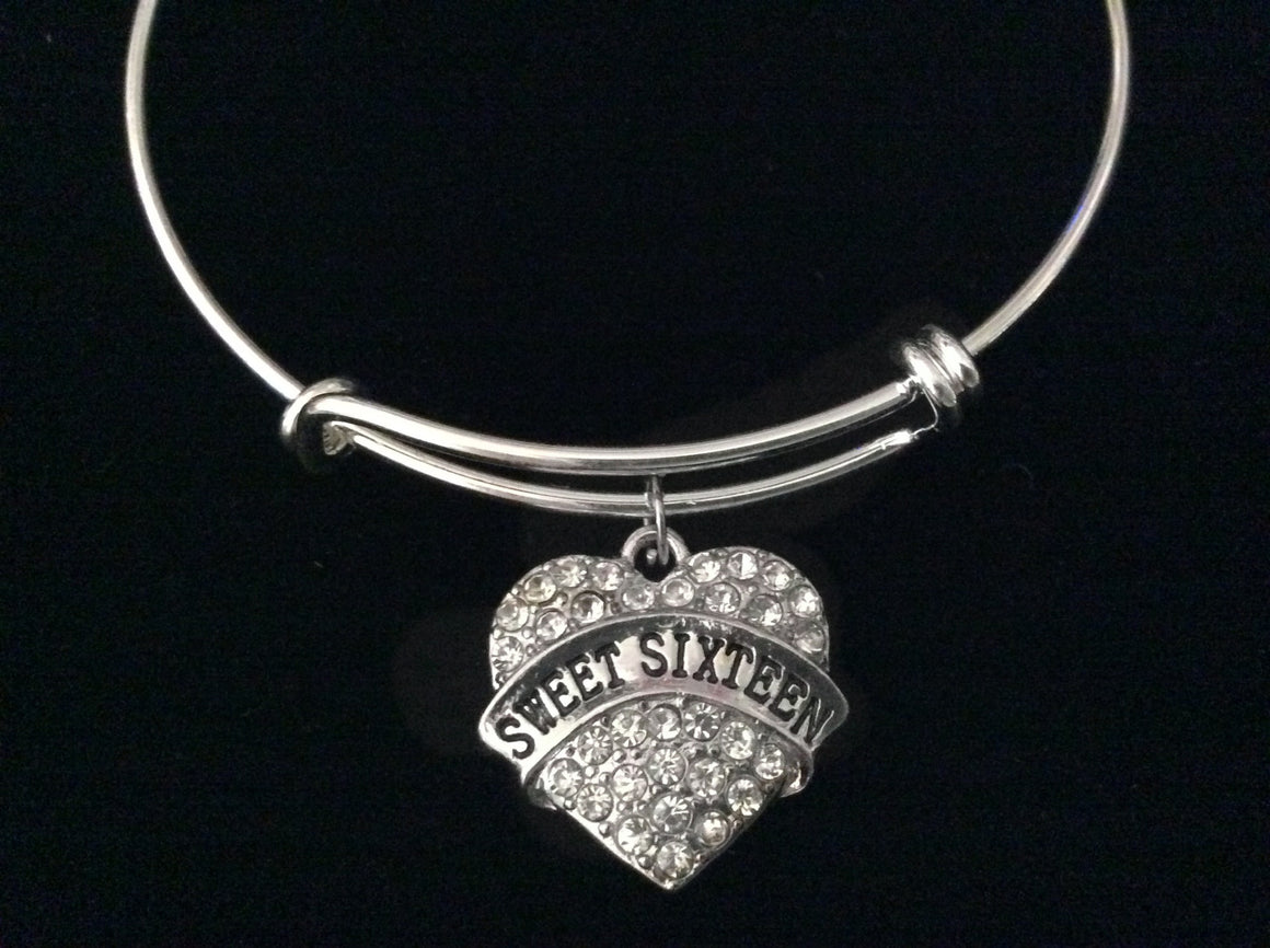 Happy Birthday Crystal Heart Sweet 16 Silver Expandable Charm Bracelet Adjustable Bangle Gift