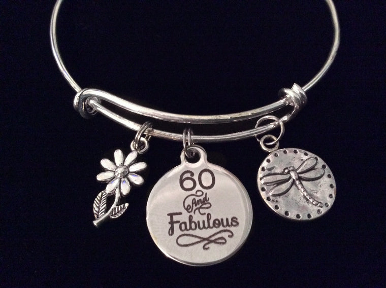 60 and Fabulous 60th Sixty Birthday Silver Expandable Charm Bracelet Adjustable Bangle Gift