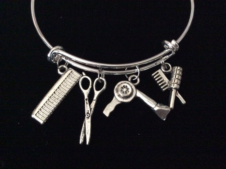 Hair Stylist Scissors Blow Dryer Comb Silver Expandable Charm Bracelet Adjustable Bangle  Gift
