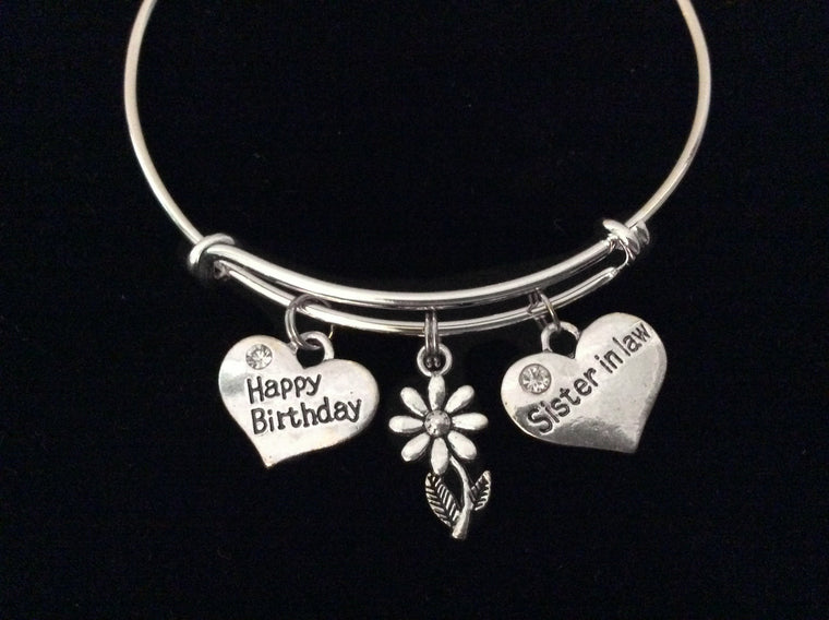Happy Birthday Sister in Law Adjustable Bracelet Silver Bangle Expandable Gift Daisy