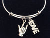 ASL American Sign Language and Love Charm on Expandable Adjustable Wire Bangle