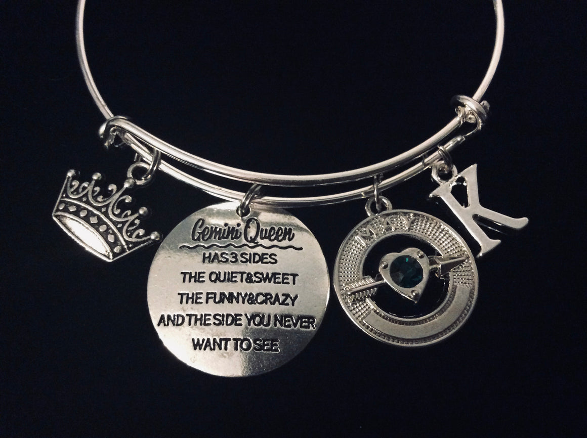 Gemini Queen Jewelry Expandable Charm Bracelet Silver Adjustable Bangle Trendy One Size Fits All Gift Crown Personalize Initial and May or June Birthstone