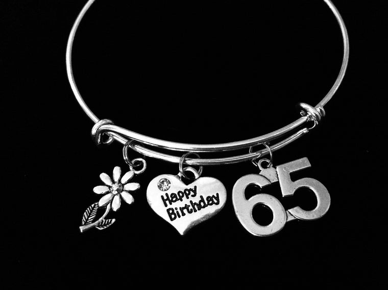 Happy 65th Birthday Expandable Charm Bracelet 65 Birthday Silver Adjustable Wire Bangle One Size Fits All Gift Daisy Birthday Jewelry