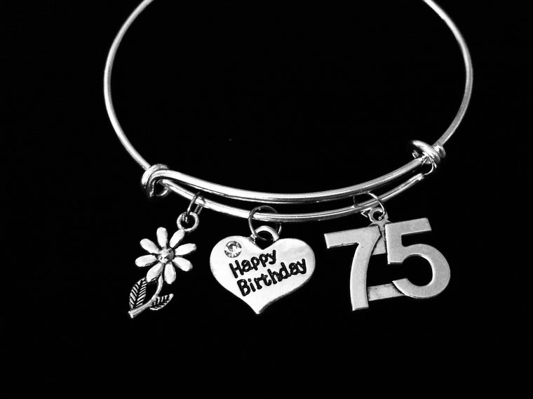 Happy 75th Birthday Jewelry Adjustable Bracelet Silver Expandable Charm Bracelet Bangle Trendy 75 year old Birthday One Size Fits All Gift
