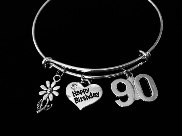Happy 90th Birthday Expandable Charm Bracelet 90 Birthday Silver Adjustable Wire Bangle One Size Fits All Gift Daisy Birthday Jewelry