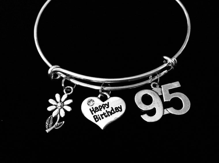 Happy 95th Birthday Jewelry Adjustable Charm Bracelet 95 Birthday Silver Expandable Wire Bangle One Size Fits All Gift Daisy 
