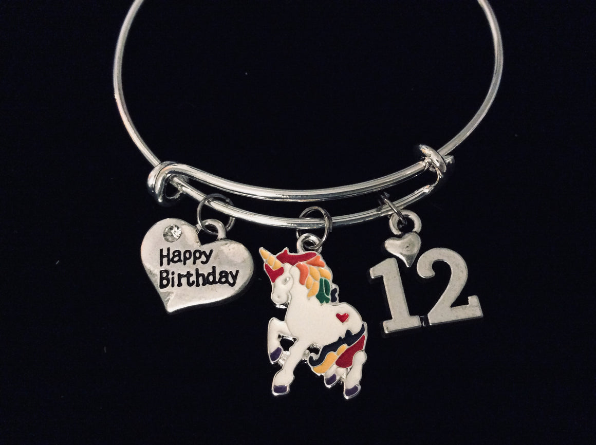 Colorful Unicorn Happy 12th Birthday Expandable Charm Bracelet 12 Birthday Silver Adjustable Wire Bangle One Size Fits All Gift Birthday Preteen Jewelry