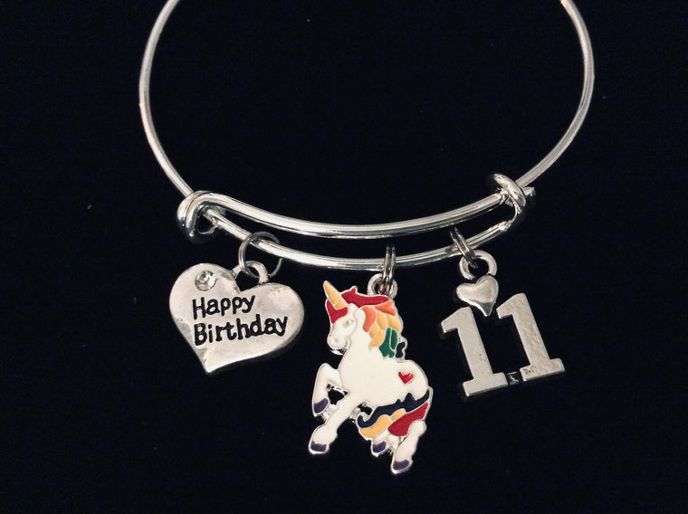 Colorful Unicorn Happy 11th Birthday Expandable Charm Bracelet 11 Birthday Silver Adjustable Wire Bangle One Size Fits All Gift Birthday Preteen Jewelry