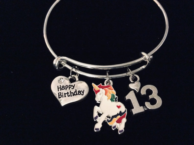 Colorful Unicorn Happy 13th Birthday Expandable Charm Bracelet 13 Birthday Silver Adjustable Wire Bangle One Size Fits All Gift Birthday Jewelry