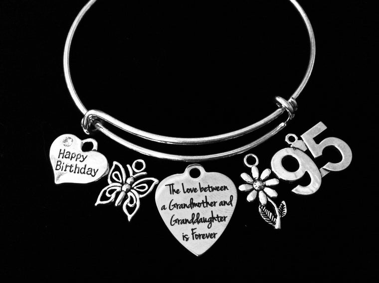 Personalized Happy 95th Birthday Grandmother Expandable Charm Bracelet Adjustable Bracelet Silver Bangle One Size Fits All Gift 95 Grandma The Love Between and Granddaughter and a Grandmother is Forever