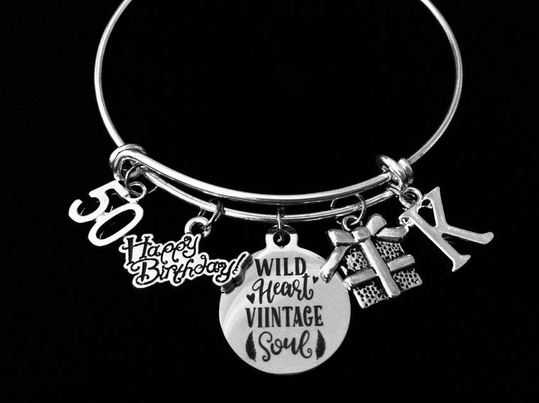 Happy 50th Birthday Expandable Charm Bracelet Silver Adjustable Bangle One Size Fits All Gift Birthday Present  Wild Heart Vintage Soul