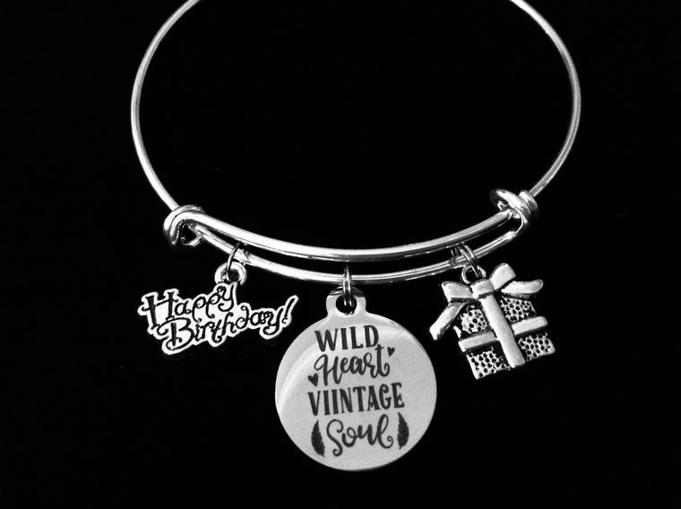 Happy Birthday Expandable Charm Bracelet Silver Adjustable Bangle One Size Fits All Gift Birthday Present Wild Heart Vintage Soul