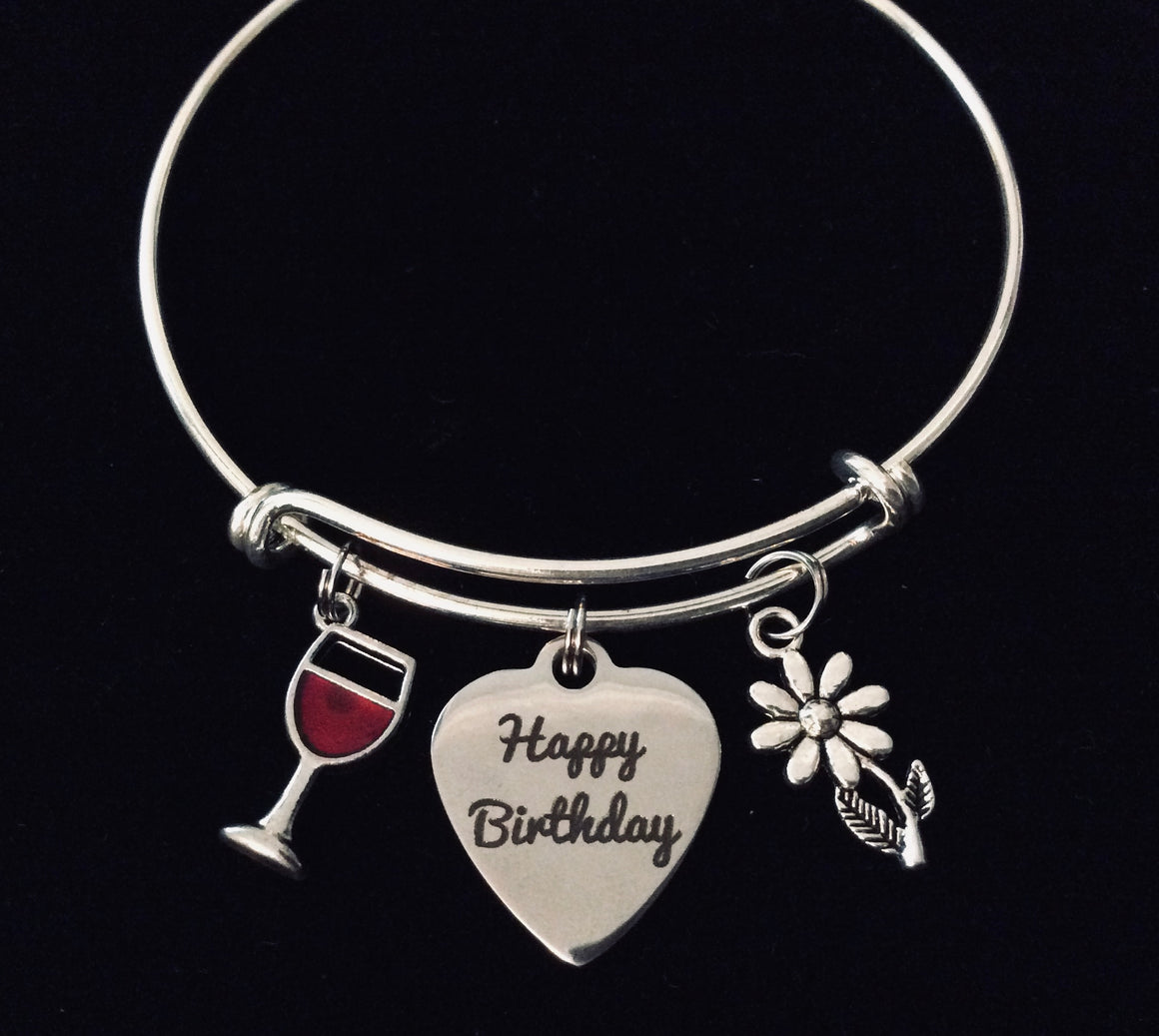 Happy Birthday Expandable Silver Charm Bracelet Adjustable Bangle Red Wine Glass