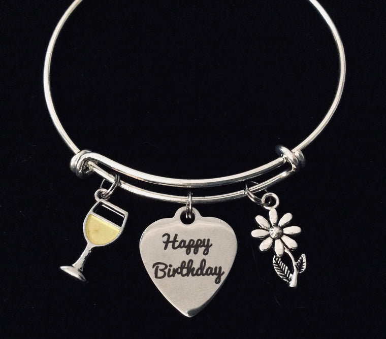 Happy Birthday Expandable Charm Bracelet Adjustable Silver Wire Bangle Gift