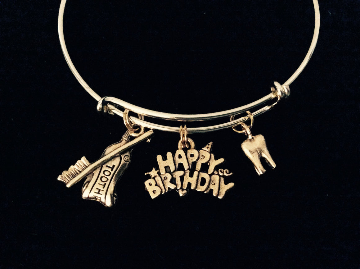 Happy Birthday Gold Tooth Expandable Charm Bracelet Toothbrush Toothpaste Dentist DH Dental Hygienist Gift