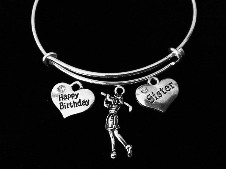 Happy Birthday Sister Golfer Adjustable Bracelet Silver Expandable Bangle Trendy Gift