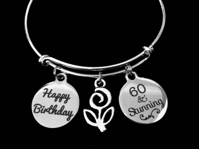 Happy Birthday 60 and Stunning 60th Sixty Birthday Expandable Charm Bracelet Adjustable Bracelet Silver Bangle Gift