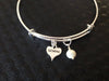 Silver Gemini Heart with Wire Wrapped Pearl Charm on adjustable silver bangle