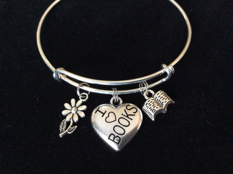 Silver I Love Books Charm with Book and Daisy on Expandable Bracelet 