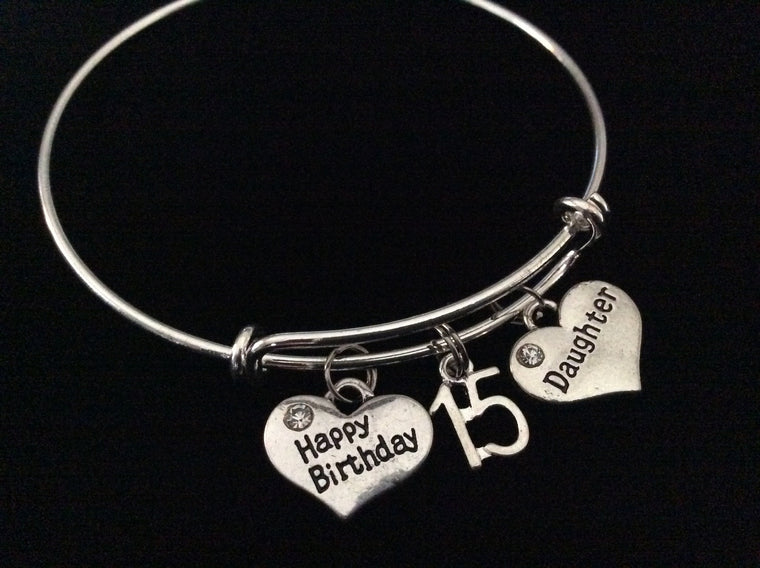 Daughter Happy Birthday 15th Expandable Charm Bracelet Adjustable Bangle Trendy Gift (Other Numbers Available)