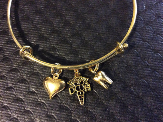 Gold Tooth and Caduceus Charm on an Expandable Adjustable Bangle Brace -  Jules Obsession