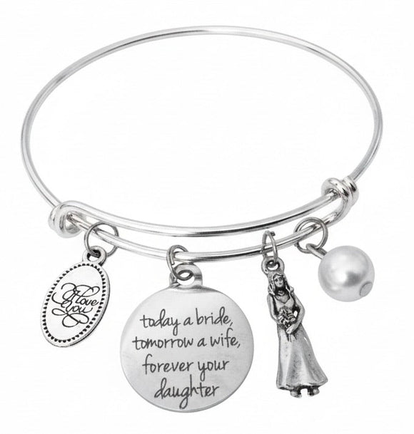Silver expandable bangle bracelet showing full circle with Today a Bride Tomorrow a Wife Forever Your Daughter engraved disc charm, bride figurine, pearl bead, and I Love You oval charm