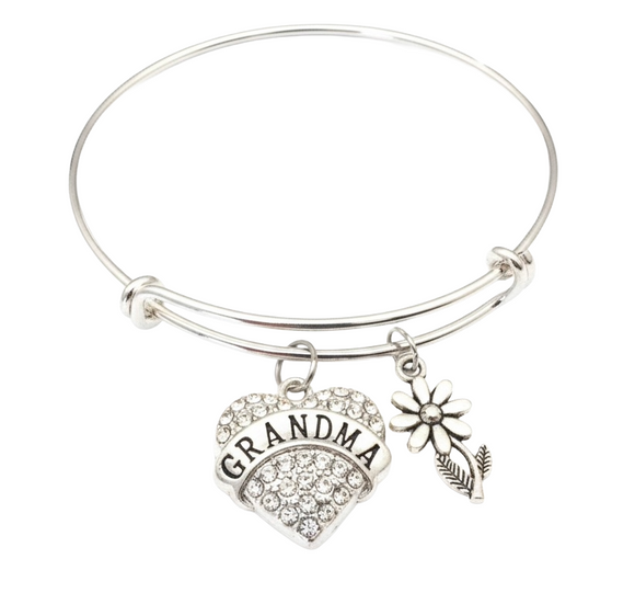 Grandma Bracelet Crystal Heart Silver Expandable Bangle, Grandma Gift with Daisy Flower Charm, Grandmother Jewelry