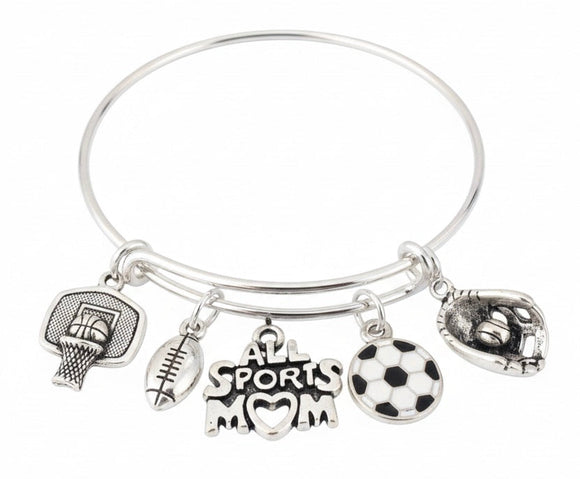 All Sports Mom Charm Bracelet, Adjustable Silver Bangle with Football, Baseball, Basketball, Soccer Charms Gift