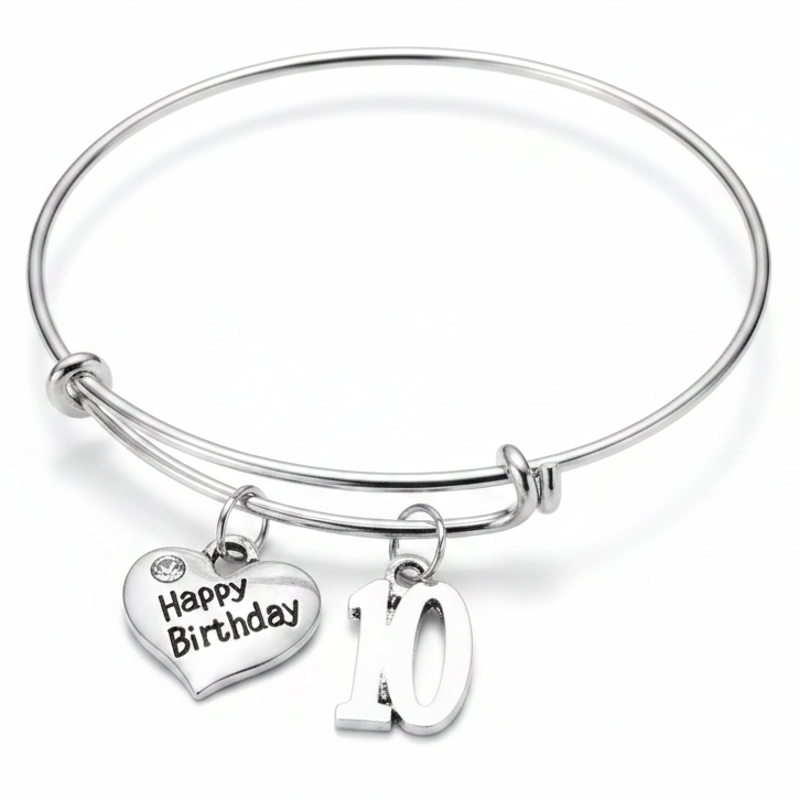 with Happy Birthday heart charm and 10 number charm – adjustable bangle milestone birthday gift for girls turning 10 by Jules Obsession