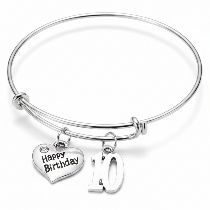 with Happy Birthday heart charm and 10 number charm – adjustable bangle milestone birthday gift for girls turning 10 by Jules Obsession