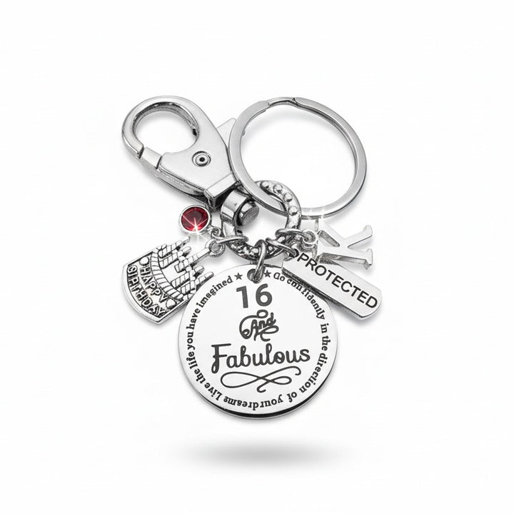 Sweet 16 Birthday Keychain - Personalized Initial &amp; Birthstone - 16 and Fabulous Gift