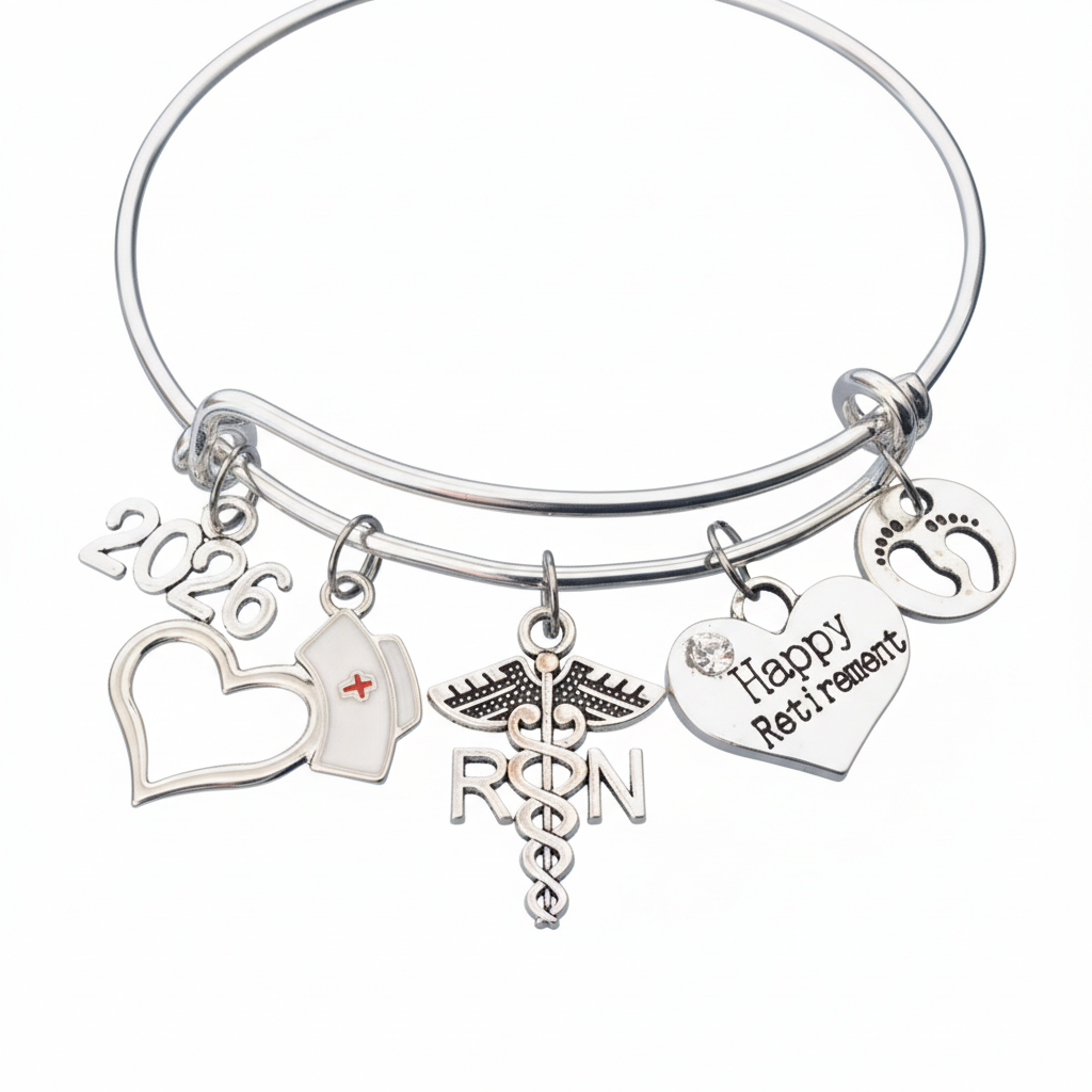 NICU Nurse Retirement Bracelet 2026 RN Silver Expandable Charm Bangle Baby Feet Happy Retirement Gift