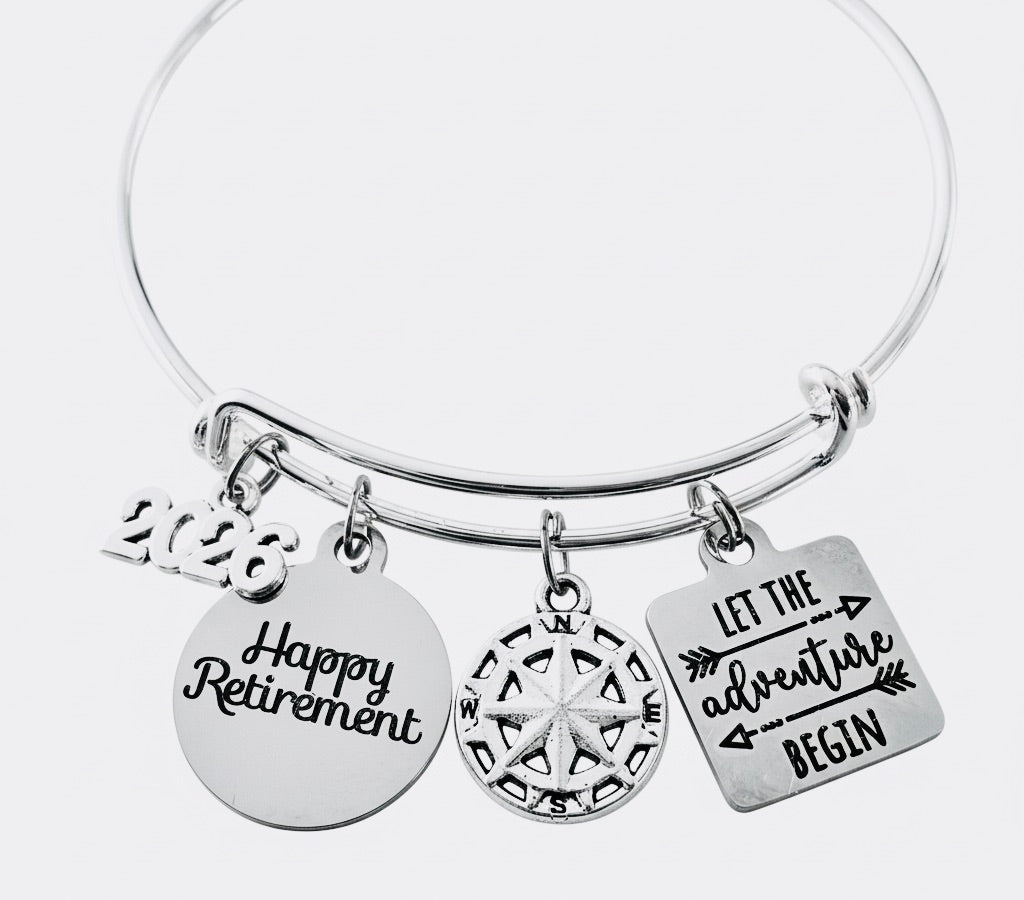 Let The Adventure Begin Retirement Bracelet 2026 Silver Expandable Charm Bangle Compass Happy Retirement Gift