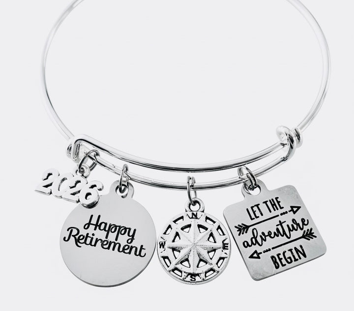 Let The Adventure Begin Retirement Bracelet 2026 Silver Expandable Charm Bangle Compass Happy Retirement Gift