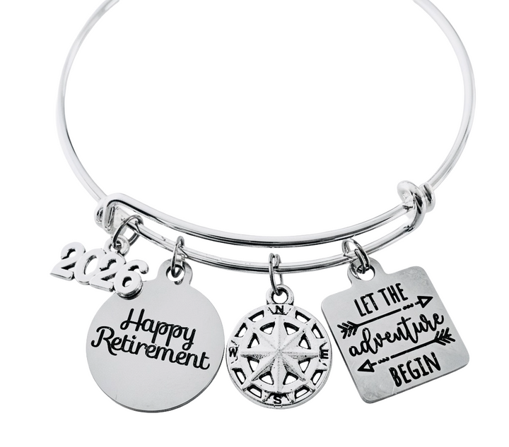 Let The Adventure Begin Retirement Bracelet 2026 Silver Expandable Charm Bangle Compass Happy Retirement Gift