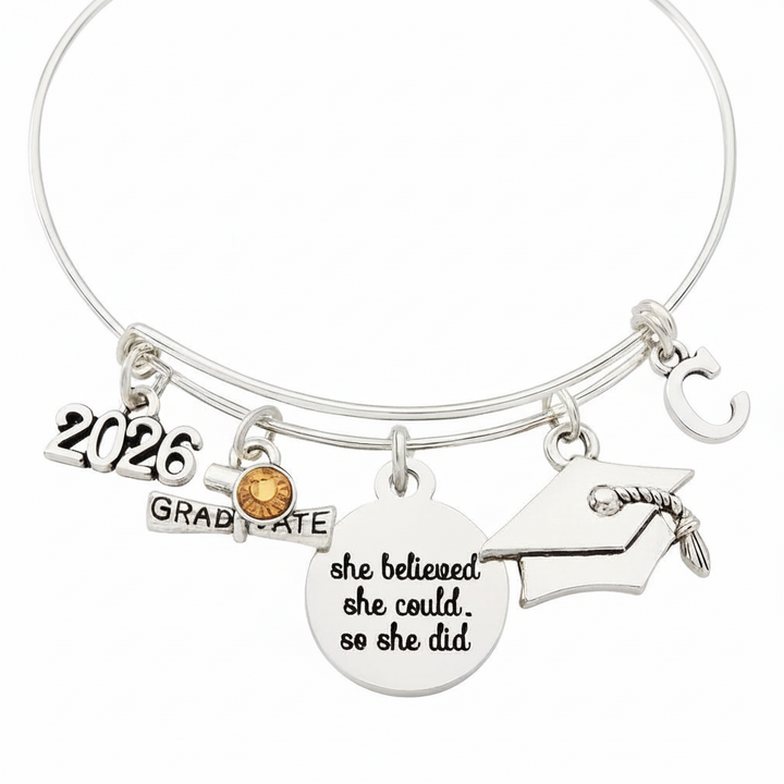 Graduation Charm Bracelet – She Believed She Could | Personalized Silver Bangle Gift 2026