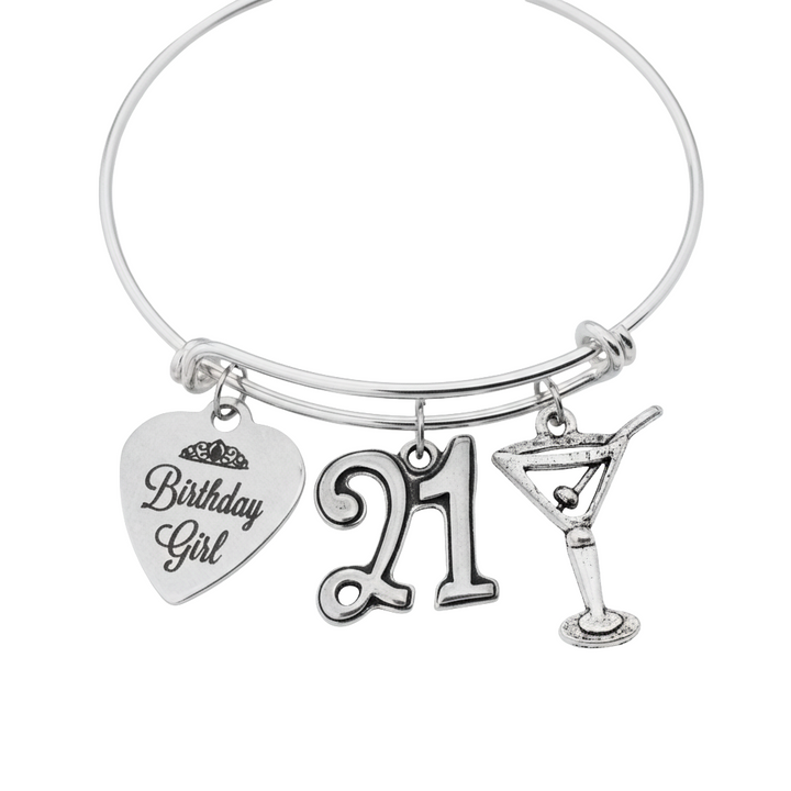 21st Birthday Bracelet – Birthday Girl, Number 21 &amp; Martini Glass Silver Charm Bangle Gift for Her