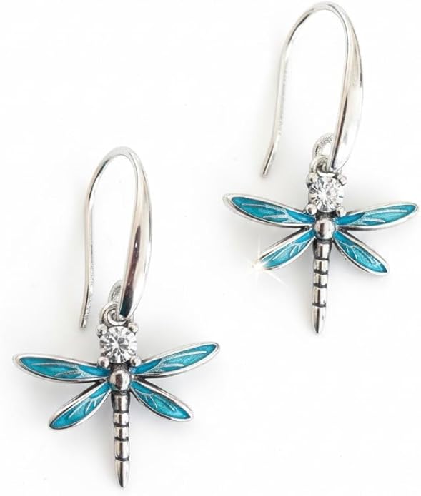 Delicate Blue Dragonfly Earrings – Sterling Silver with CZ Accents